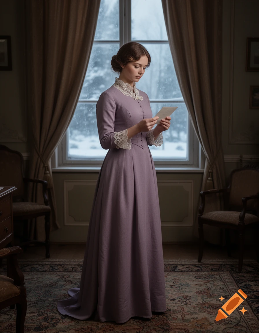 A young woman in a long lavender period dress reads a letter by a window with snow outside, in a dimly lit room.