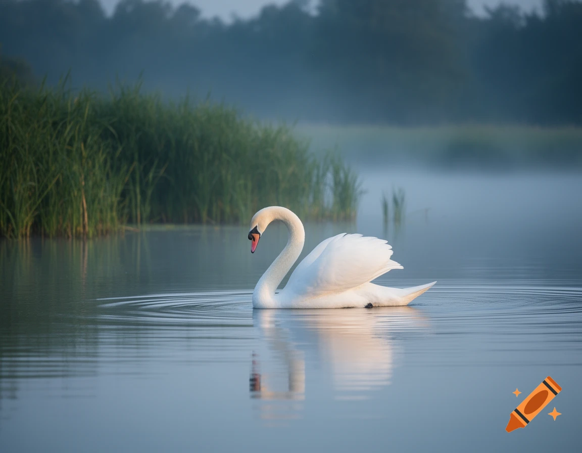 A white swan gracefully swims on misty, calm water with green reeds and blurred trees in the background, creating ripples.