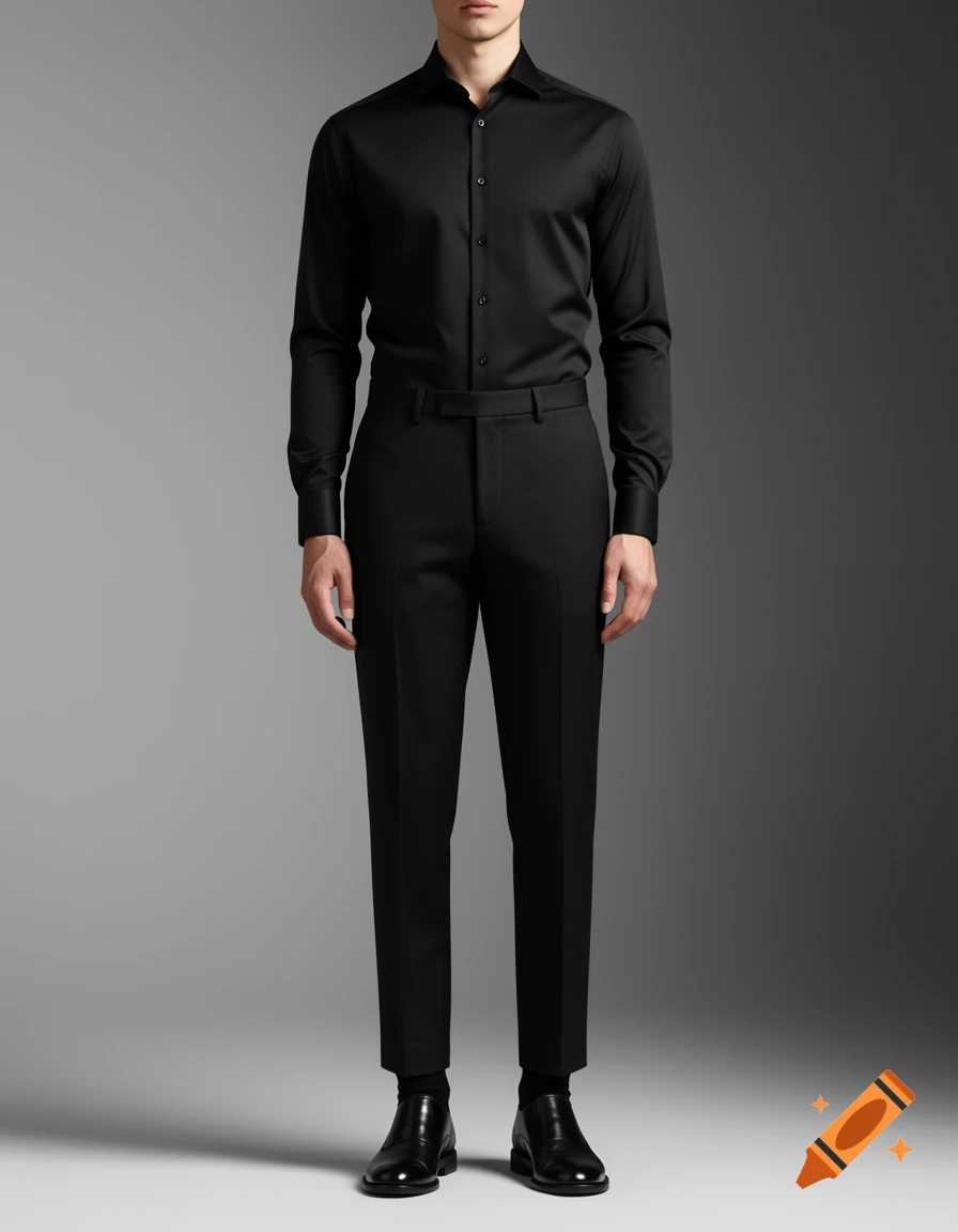 A man standing in a full black outfit, including a long-sleeved shirt, trousers, socks, and dress shoes, against a gray background.