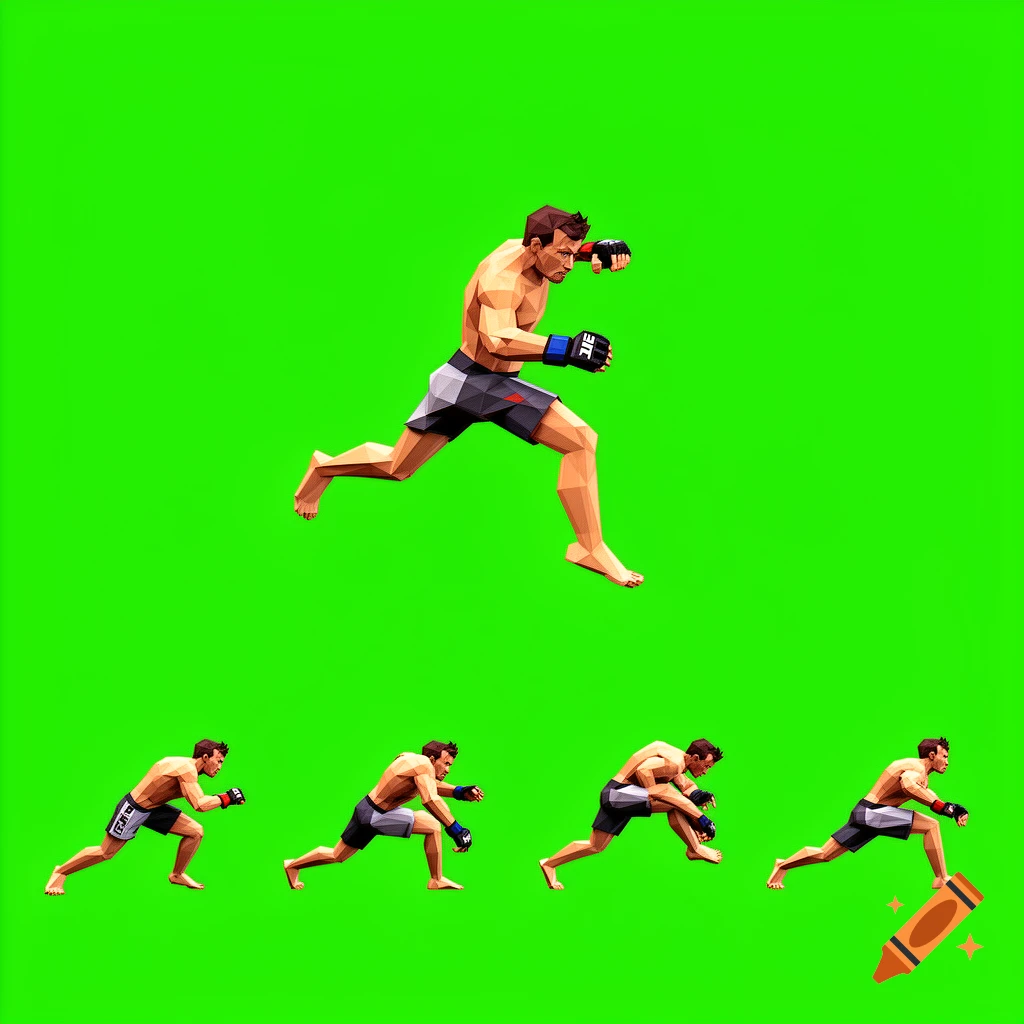 A low-poly 2D sprite sheet of a UFC fighter in an active MMA stance on a solid green background.