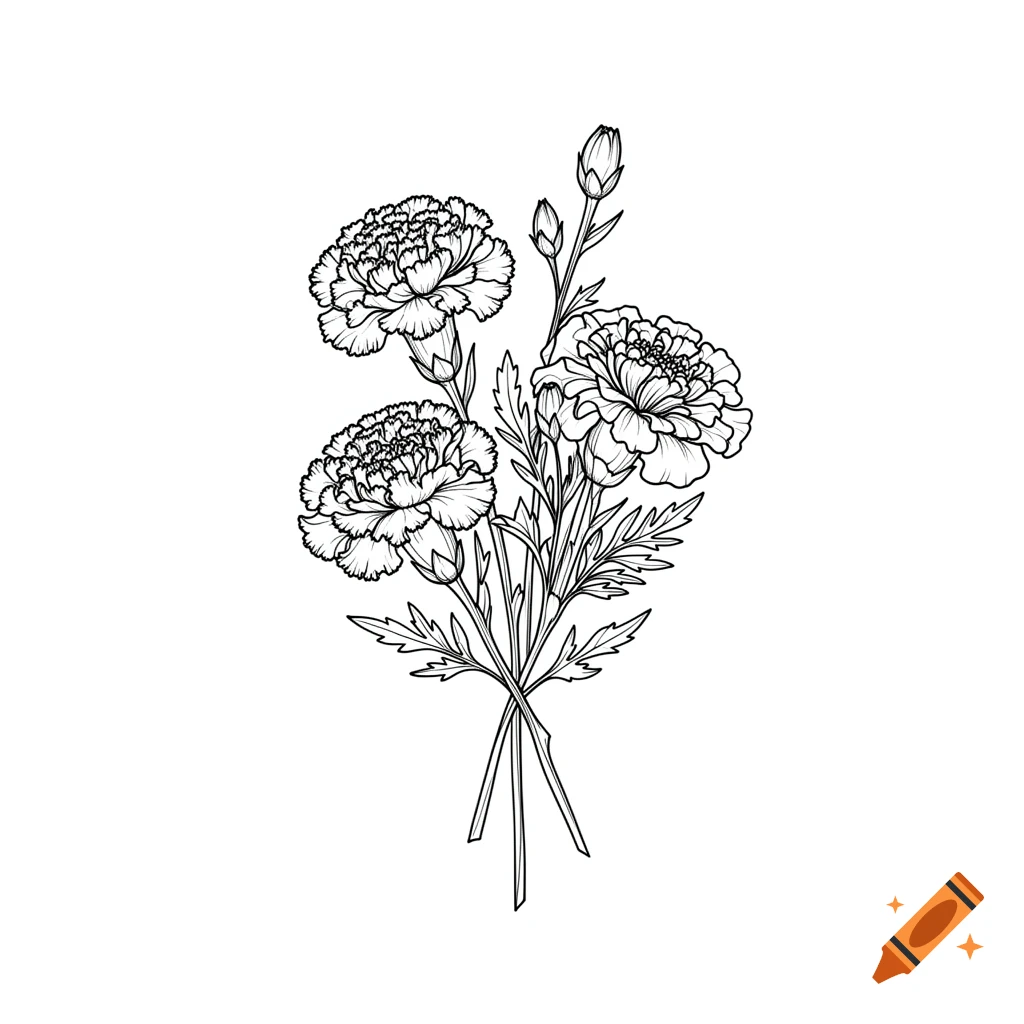 Minimalist black line art drawing of a bouquet of carnations and marigolds with delicate leaves and stems.