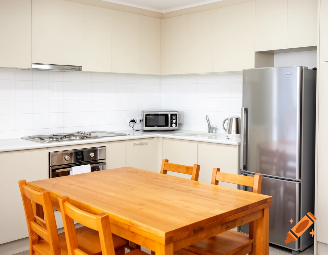 A fully equipped small kitchen with a wooden table and four chairs, electric stove, microwave, fridge, and kettle.