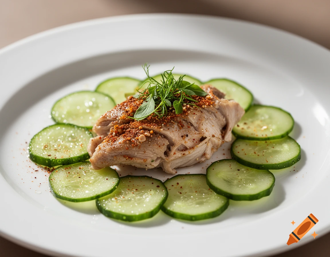 Photorealistic close-up of a plate with seasoned cooked meat, garnished with herbs and surrounded by fresh cucumber slices.