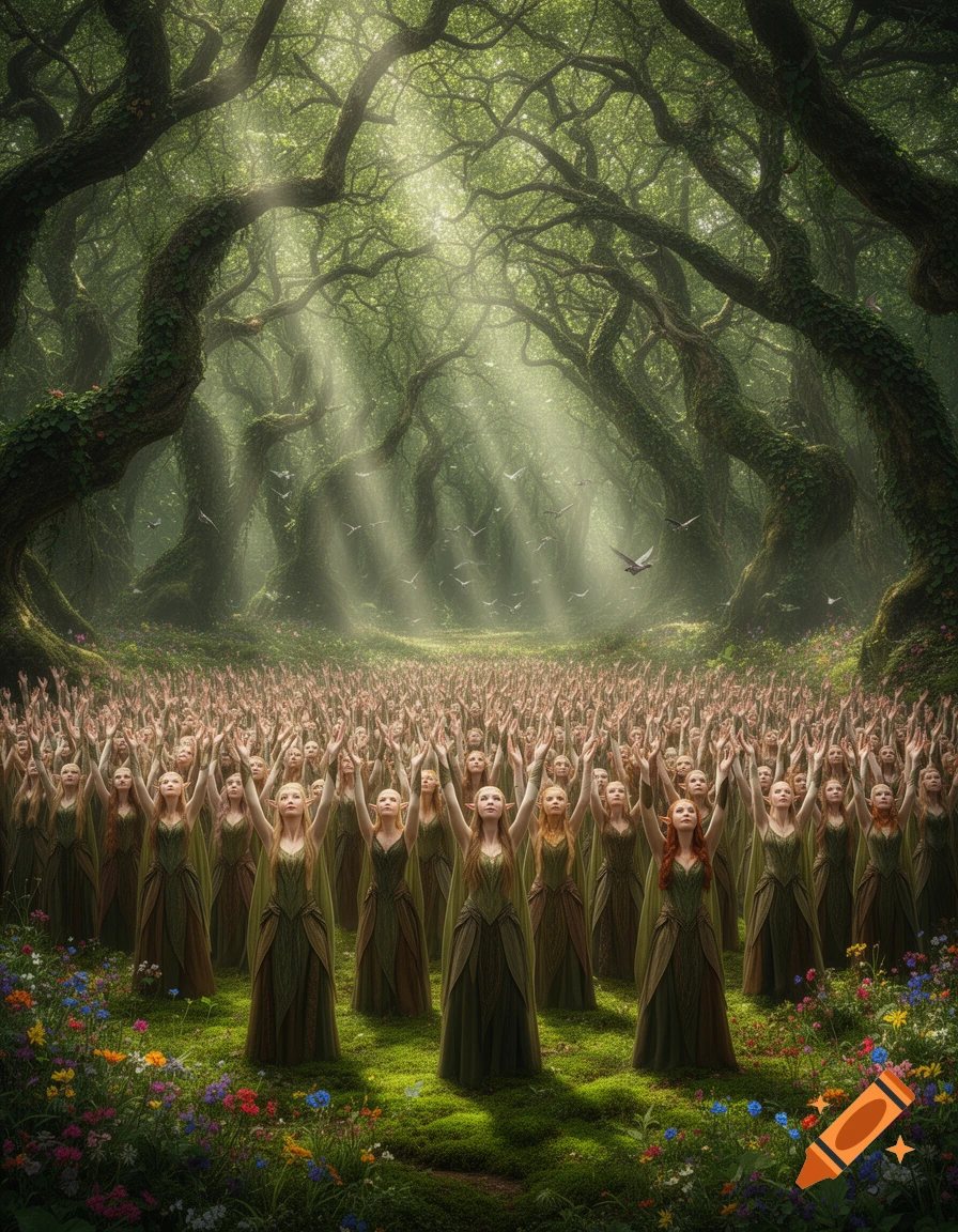A vast crowd of elf-like women in green dresses stand in a magical, sun-dappled forest, raising their hands towards the light.