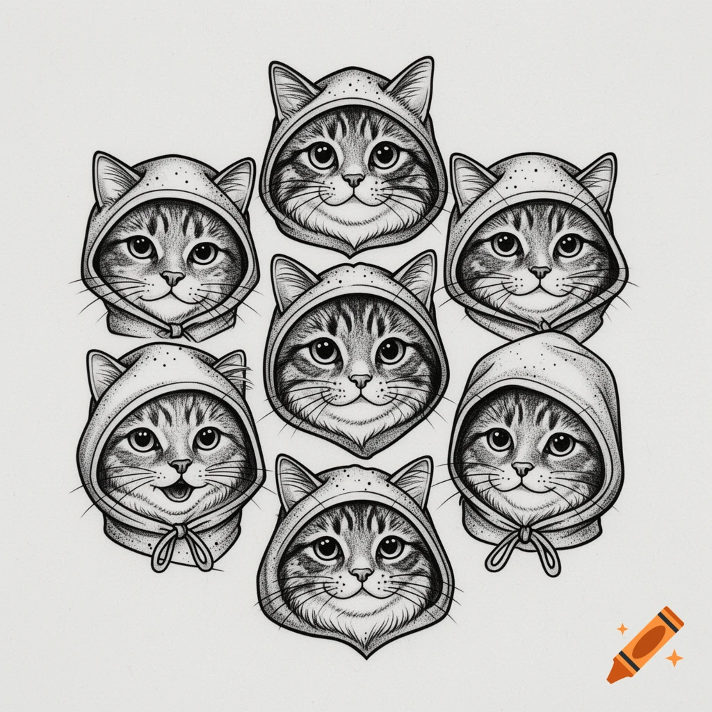 Seven black and white line art illustrations of cat faces in hoods, arranged in a circular pattern.