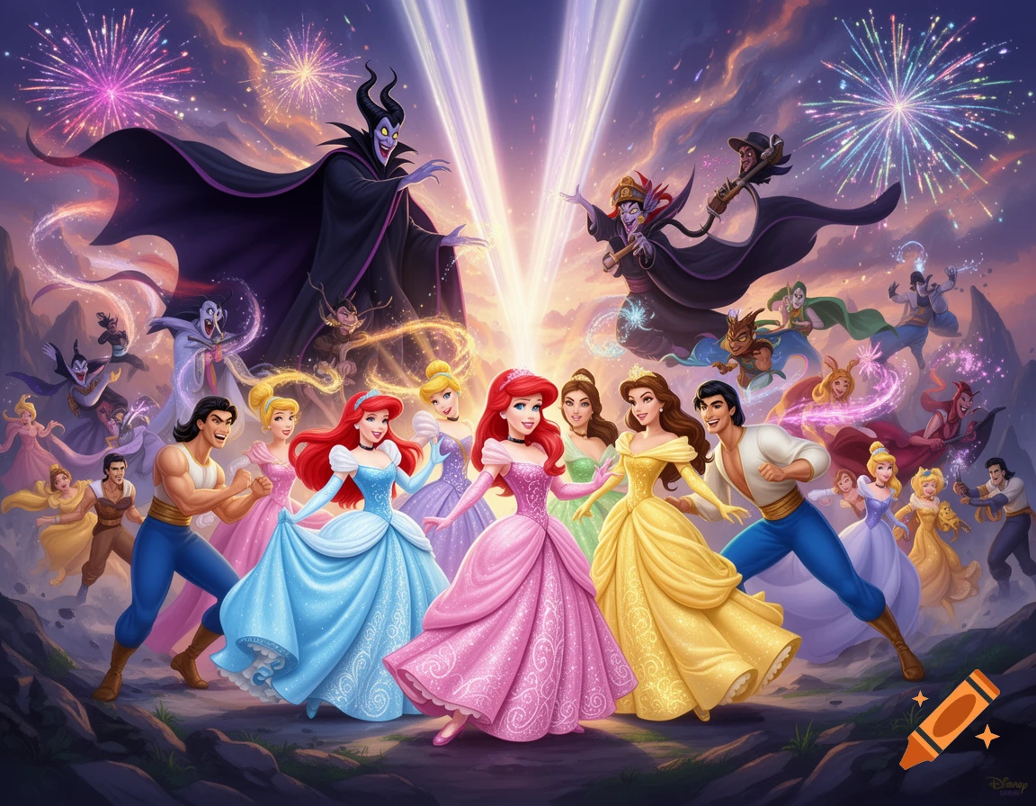 Disney princesses, princes, and villains gather in a colorful, dramatic scene with fireworks and glowing light beams.