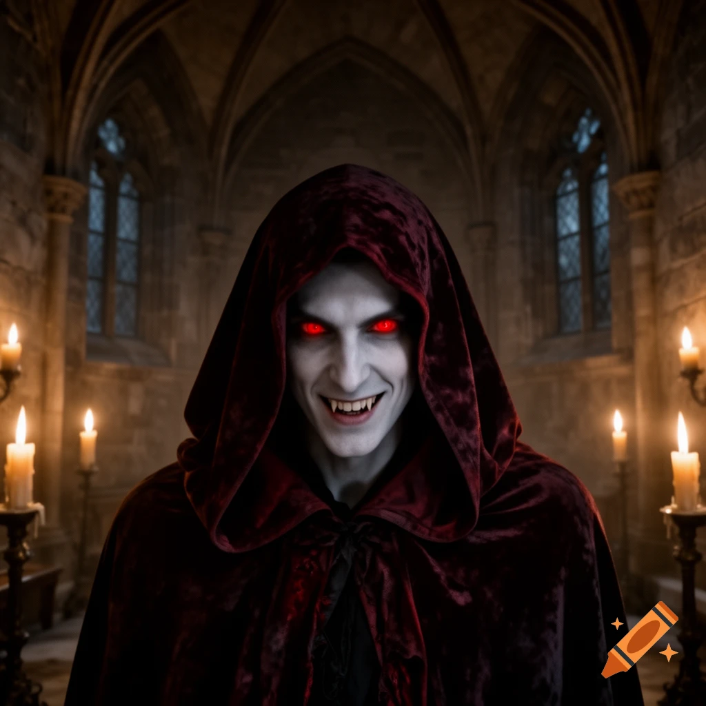A pale-faced vampire with glowing red eyes and fangs smiles menacingly in a dark, candlelit gothic hall, wearing a red velvet cowl.