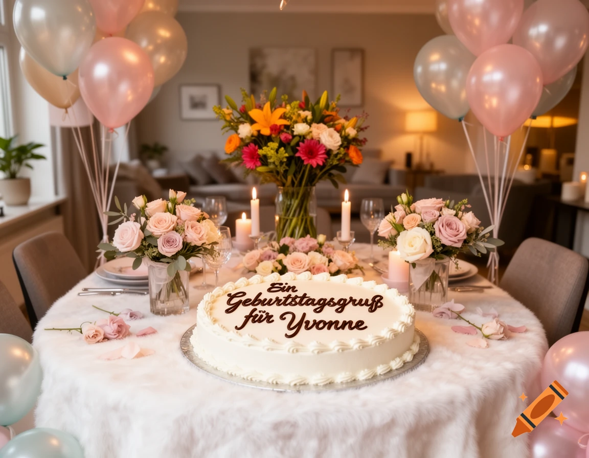 A beautifully decorated birthday table with a white cake, fresh flowers, and pink and white balloons.