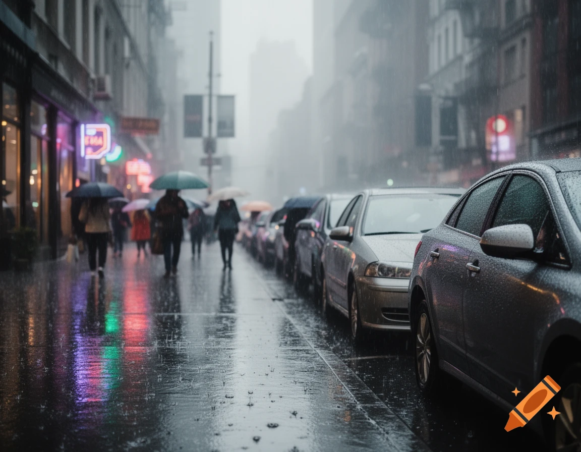 A bustling city street on a rainy day, with people under umbrellas and cars parked along the wet pavement, reflecting neon signs.