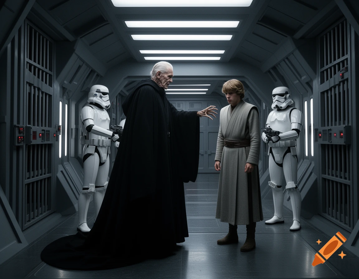 Emperor Palpatine with clawed hand extended towards Luke Skywalker, who stands between two Stormtroopers in a stark, gray Imperial corridor.