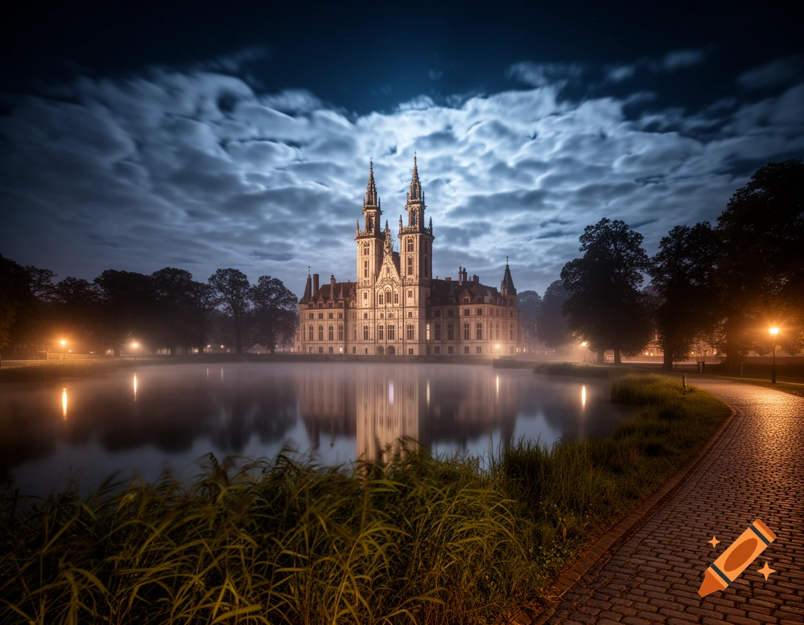 Majestic gothic castle with spires reflected in a misty lake at night under dramatic clouds, cobblestone path.