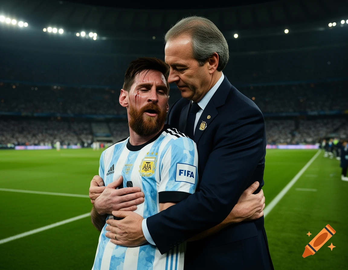 Lionel Messi with a cut cheek, embraced by a man in a suit on a football field, looking emotional.