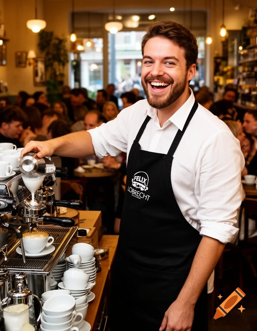 A smiling male barista with a beard pours milk into a coffee cup, wearing a black apron with 'Felix Lobrecht' on it, in a bustling cafe.
