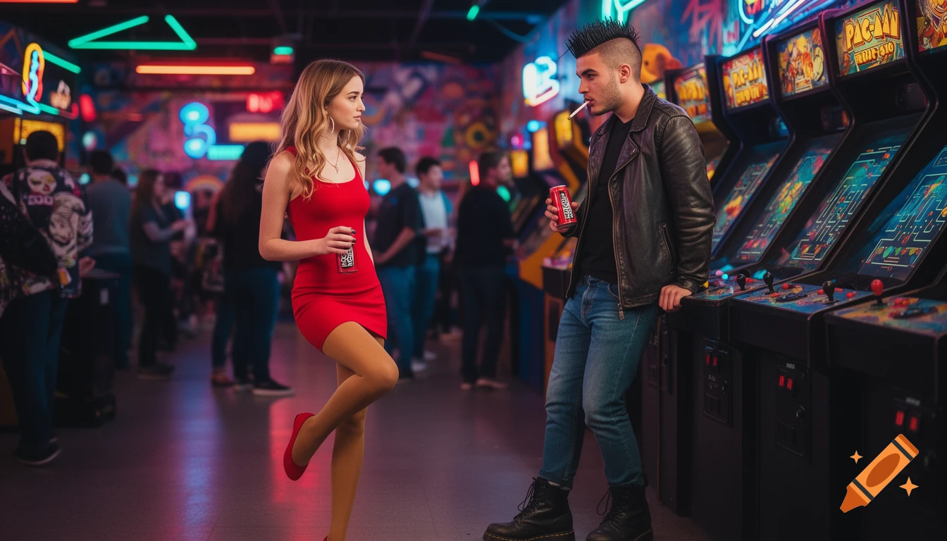 A woman in a red dress and a man in a leather jacket and Mohawk stand in a vibrant, neon-lit arcade, holding soda cans. Photorealistic style.