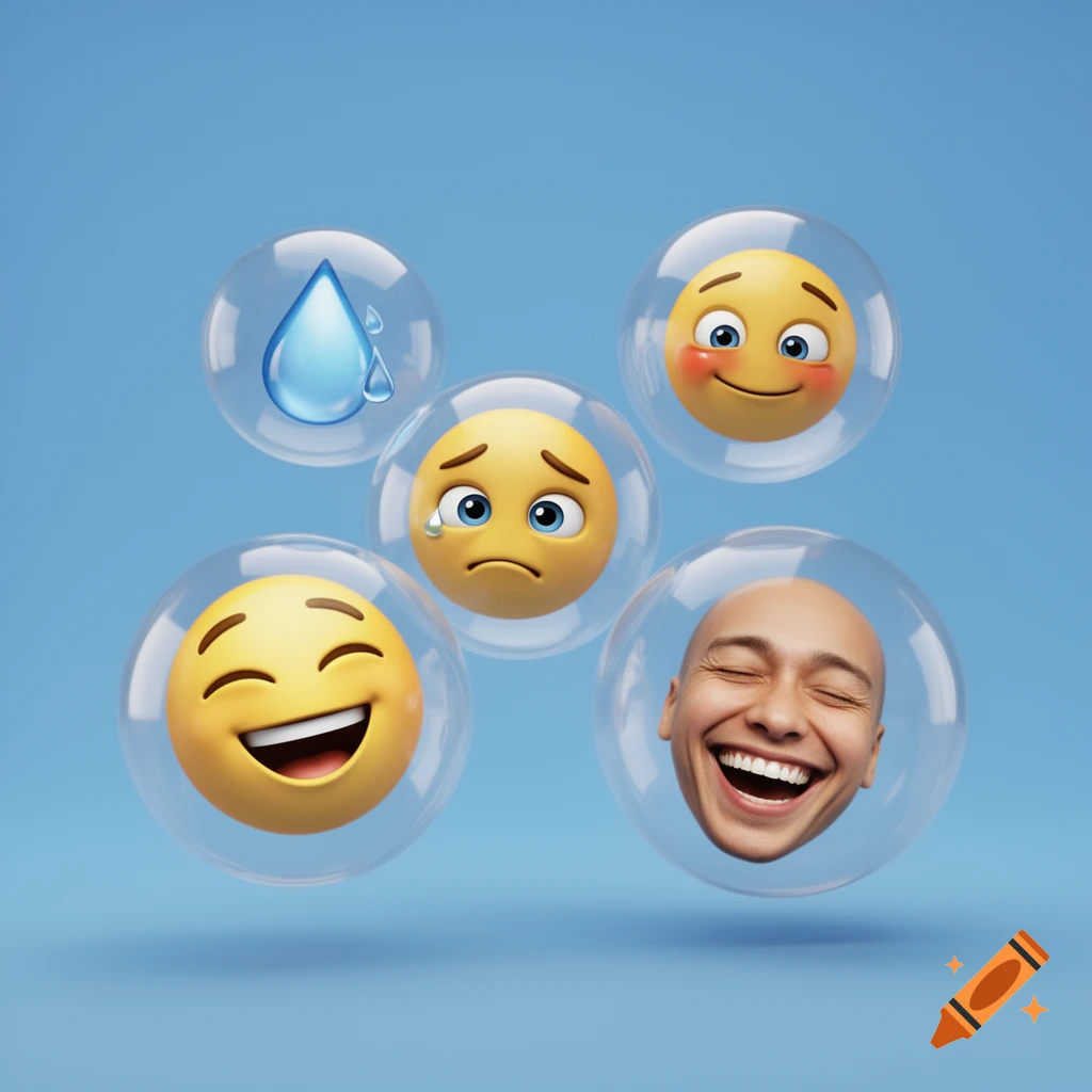 A 3D rendering featuring four expressive emojis and a laughing bald man's face, each encased in a clear bubble against a blue background. One bubble contains a blue water drop.