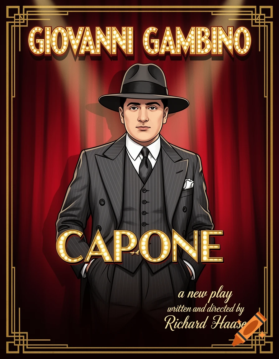 Art Deco style poster illustration for a play, featuring Giovanni Gambino as Capone in a 1930s gangster suit.