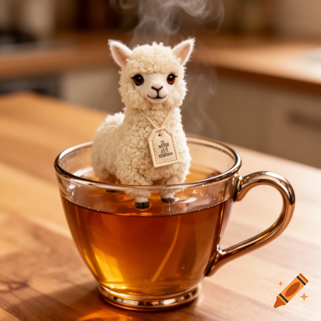 A fluffy white alpaca toy standing in a glass teacup filled with steaming tea, with a small tag around its neck.