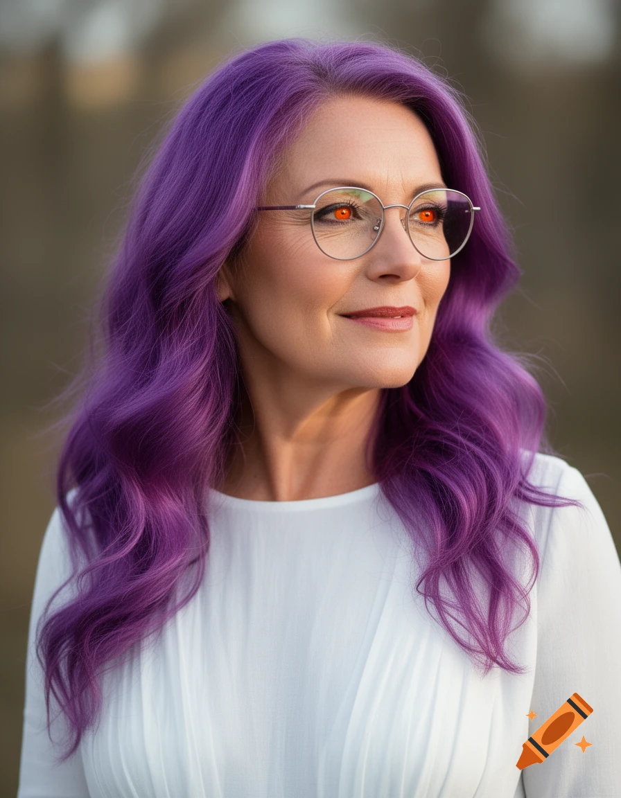 A photorealistic portrait of a middle-aged woman with long wavy purple hair, silver glasses, orange amber eyes, and a white dress.