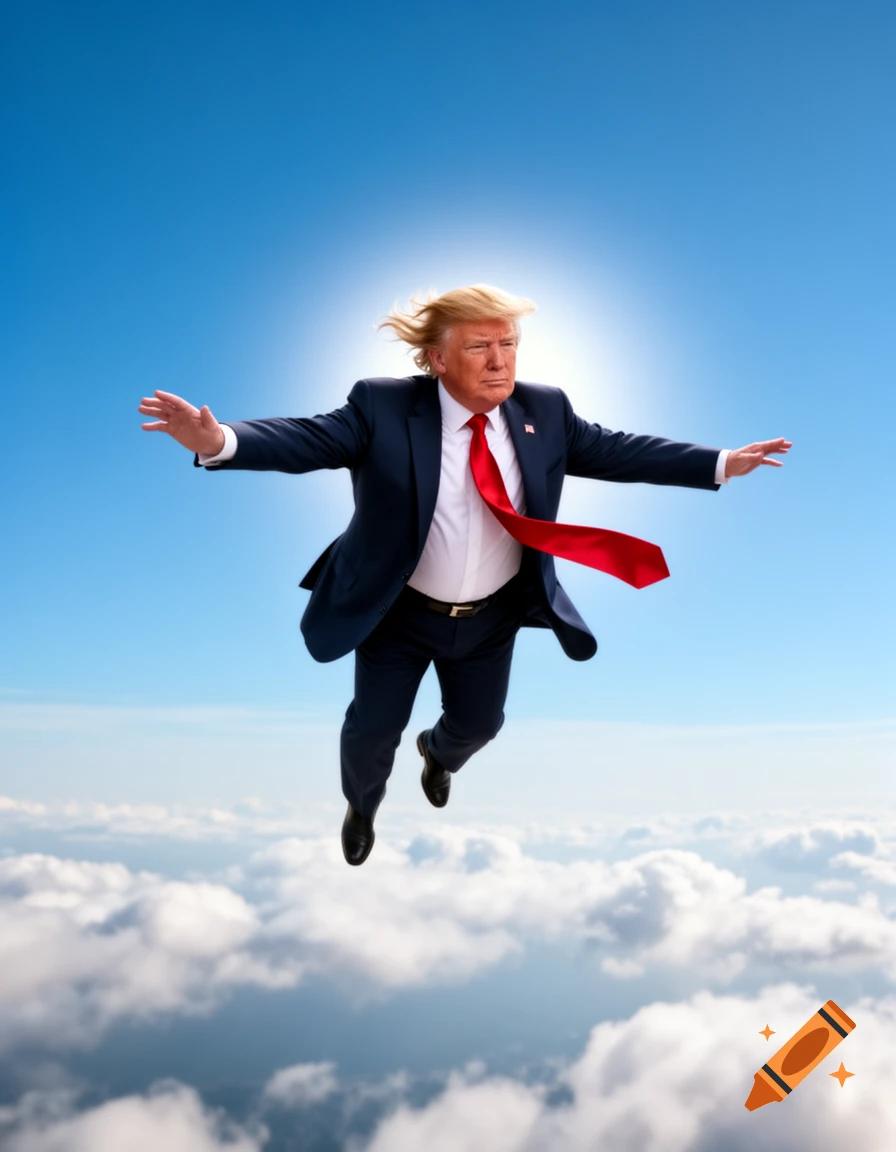 Photorealistic image of Donald Trump in a suit and red tie, flying above clouds with arms outstretched.