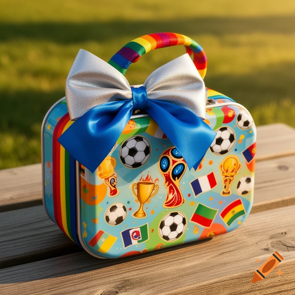 A colorful lunchbox with a rainbow handle, decorated with soccer balls, national flags, and trophies, tied with a silver and blue bow, sitting on a wooden bench.