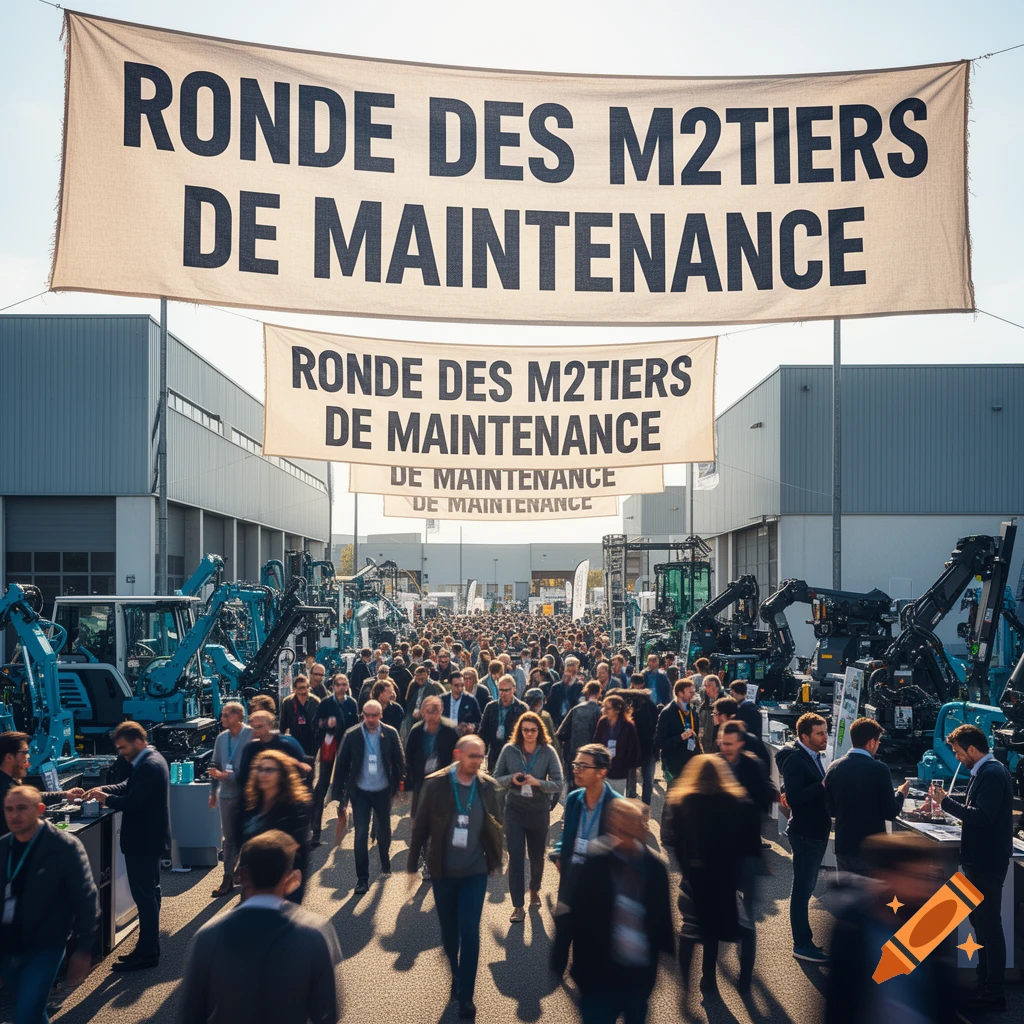 A photorealistic image of a large crowd walking through an outdoor trade show with heavy machinery and banners displaying French text.