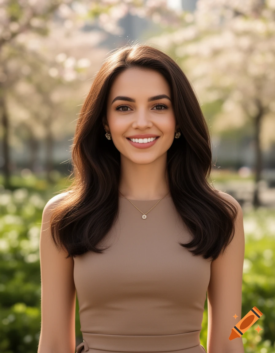 Photorealistic portrait of a smiling woman with long dark hair, wearing a beige top, in a blurry sunlit garden.