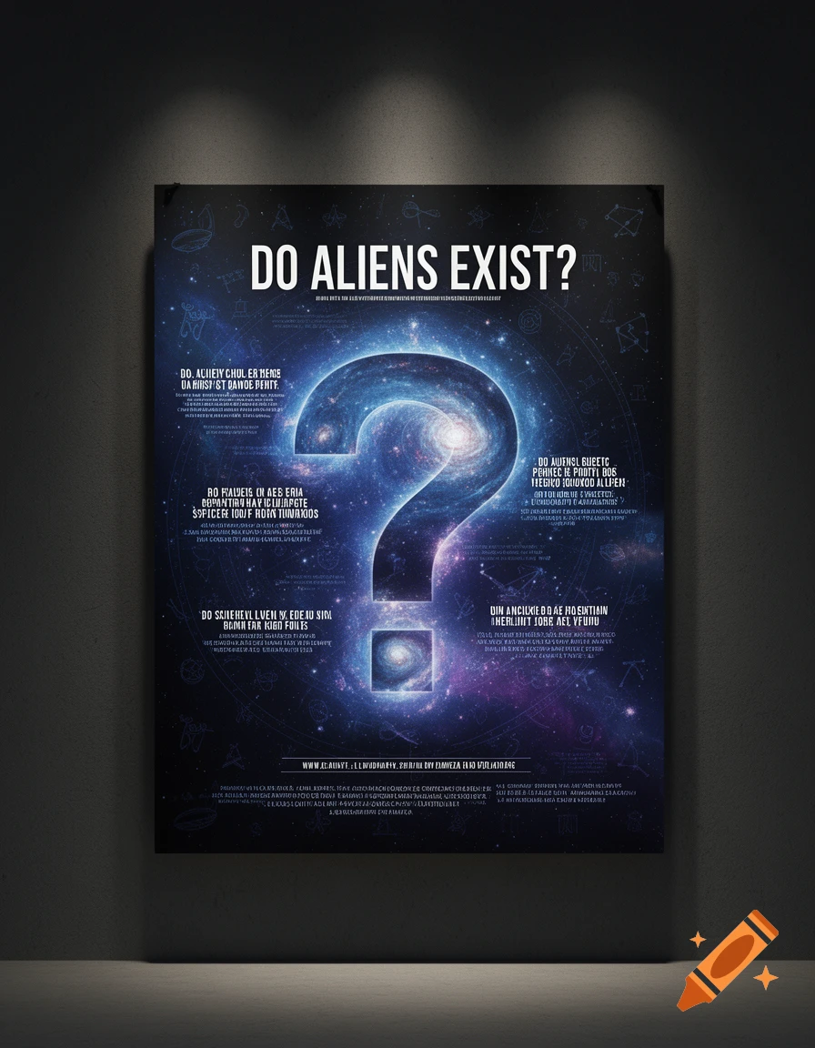 A poster hangs on a dark wall, featuring a large question mark filled with a galaxy, surrounded by text that reads "DO ALIENS EXIST?". Smaller, garbled text and astrological symbols fill the background.