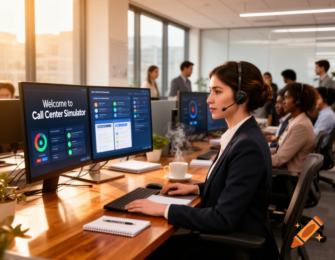 A woman in a headset works at a desk with dual monitors showing a call center simulator interface in a busy office setting. Photorealistic.