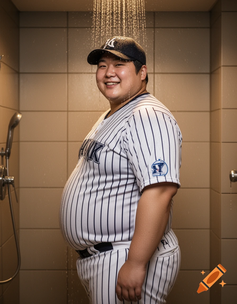 A smiling chubby Korean male baseball player in a striped uniform and cap showers, with water cascading over him.