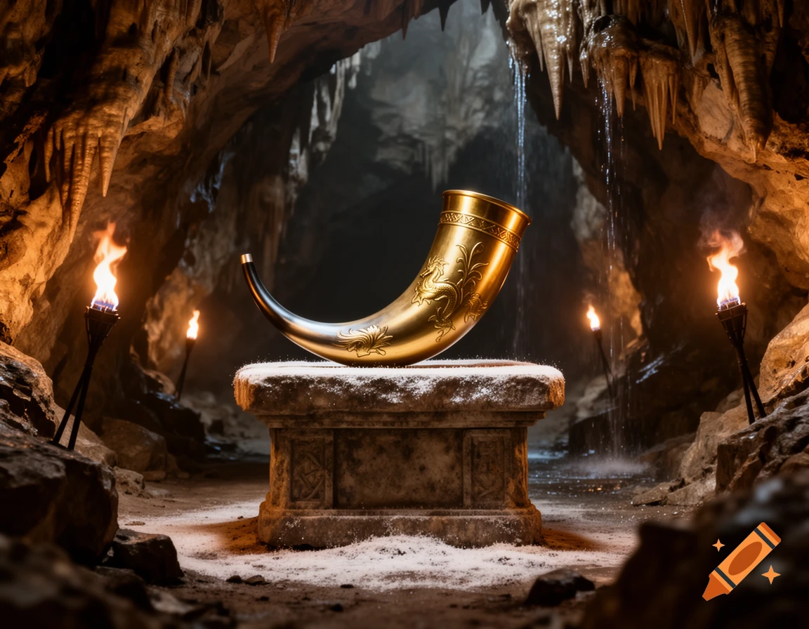 An ornate golden drinking horn on a stone altar in a torch-lit cave with stalactites and a small waterfall, photorealistic.