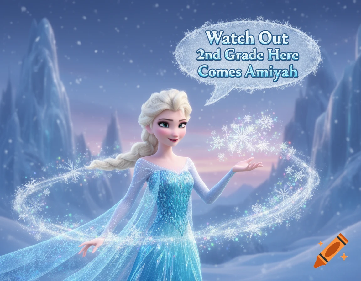 Cartoon Elsa in a snowy landscape creating ice magic, with a speech bubble reading 'Watch Out 2nd Grade Here Comes Amiyah'.