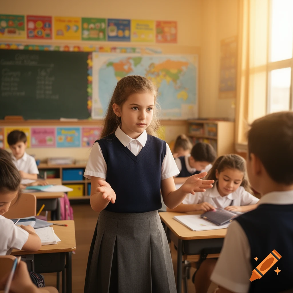 A young girl in a school uniform gestures while speaking in a sunlit classroom with other students and a world map.