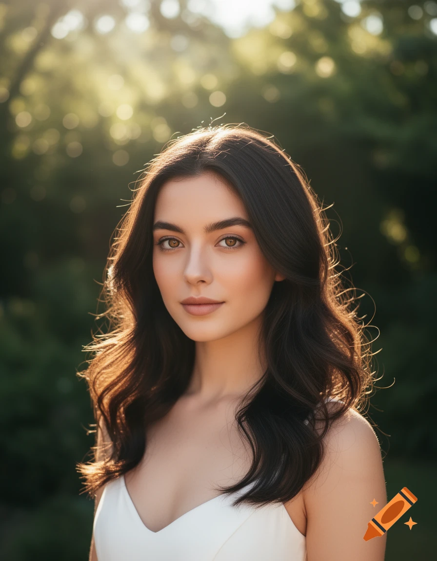 A photorealistic portrait of a young woman with long dark wavy hair, wearing a white top, standing outdoors with dappled sunlight on her hair and a green, blurred background.