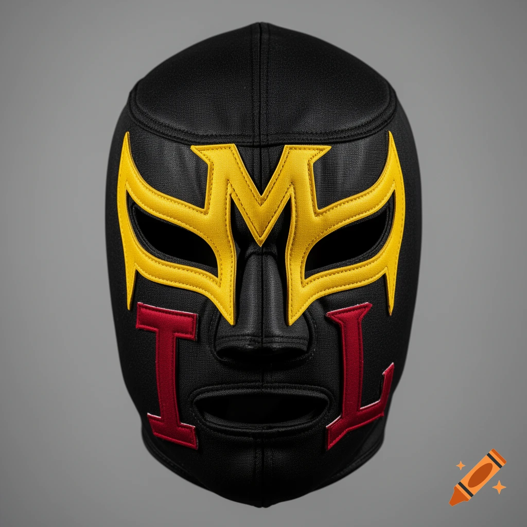 A black wrestler mask features a yellow M-shaped design around the eyes and a red I and L on either side of the nose.
