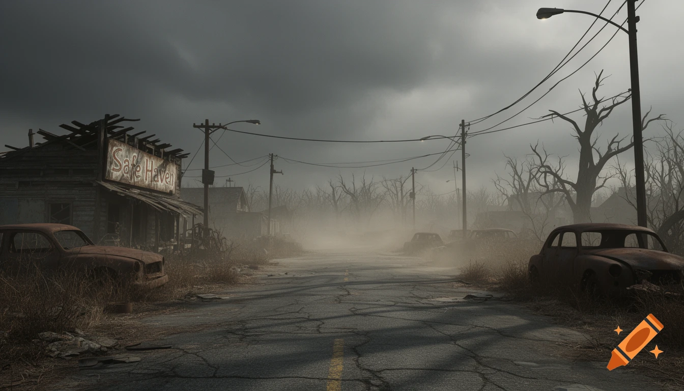 Foggy, desolate road in a post-apocalyptic town with rusty cars, a ruined 'Safe Haven' building, and bare trees under dark clouds.
