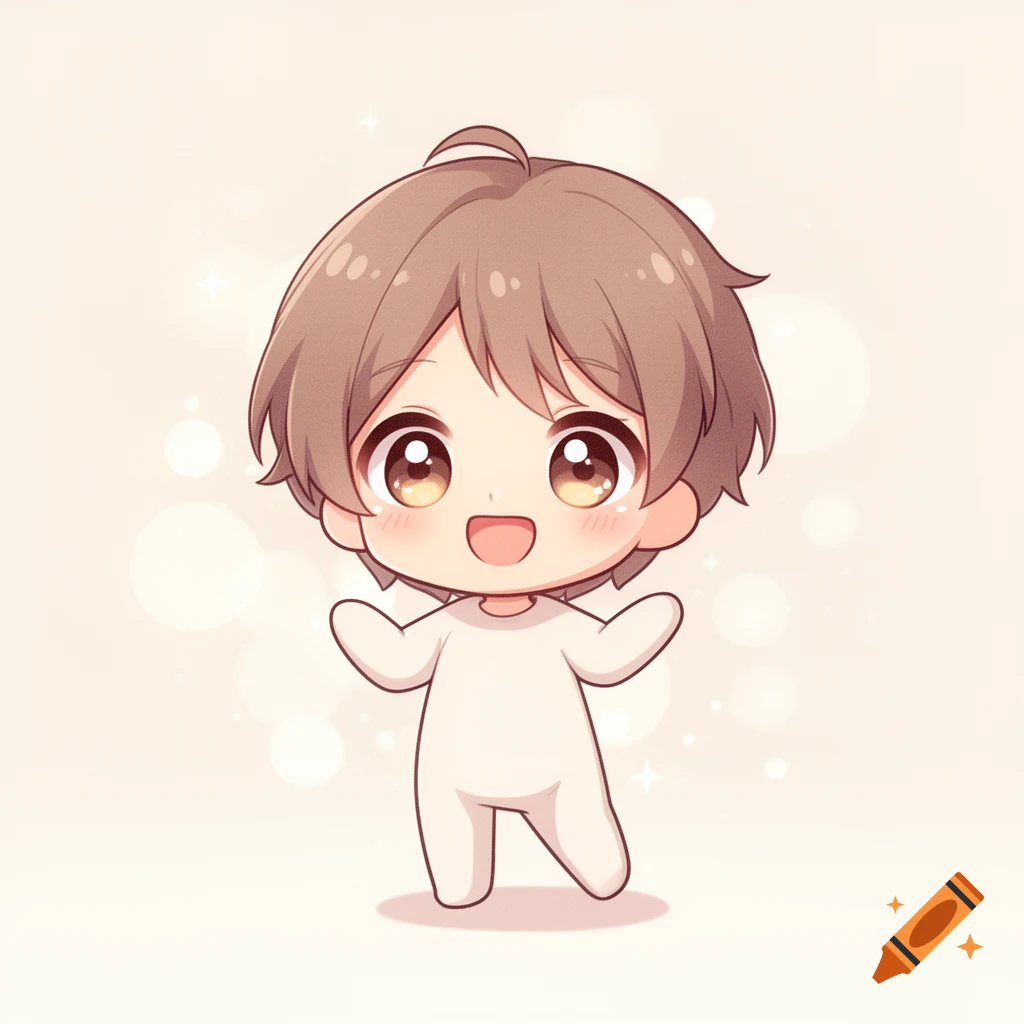 Smiling chibi character with brown hair and large eyes, wearing a simple light-colored base outfit, on a soft sparkling background.