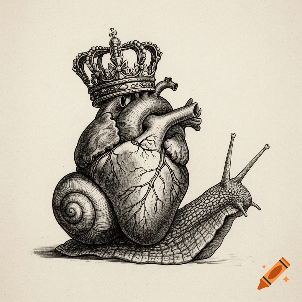 Detailed etching of a snail with a human heart as its shell, topped with a crown, on a light background.
