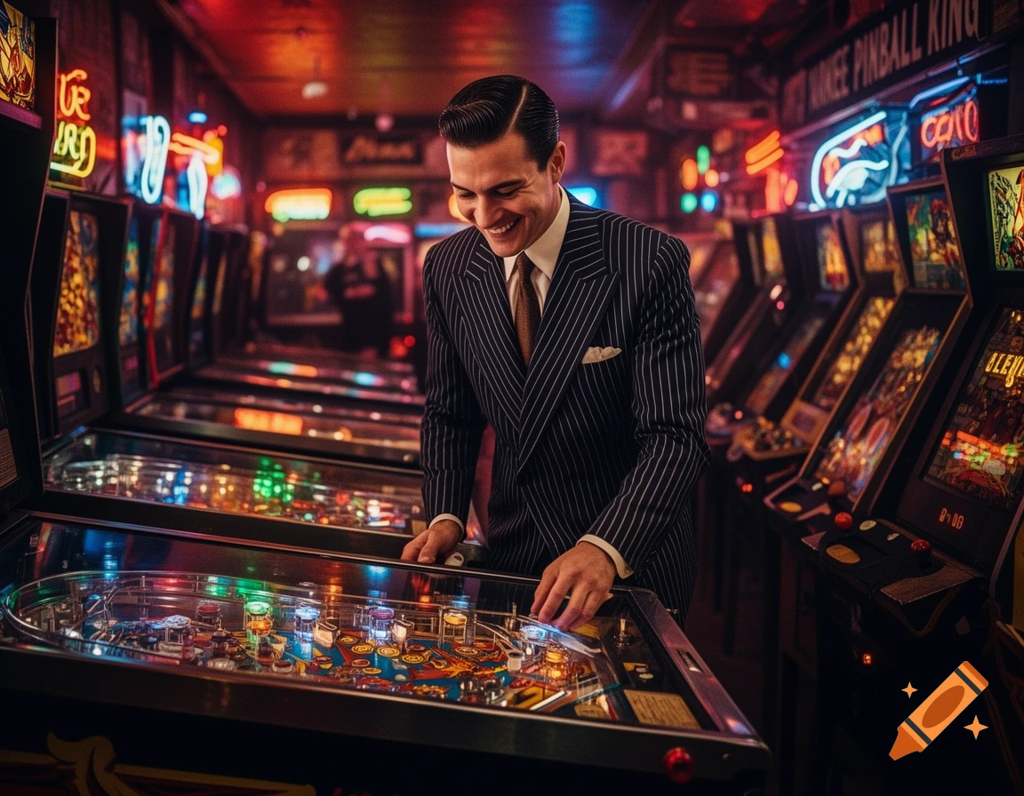 A smiling man in a pinstripe suit plays pinball in a vibrant, neon-lit arcade.