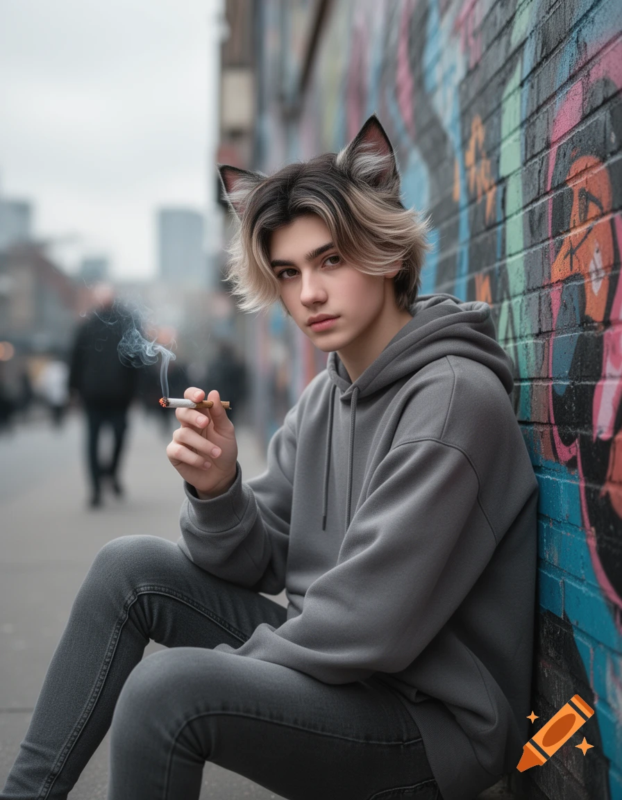 A young person with cat ears sits on the street, leaning against a graffiti wall, holding a lit joint with smoke rising.