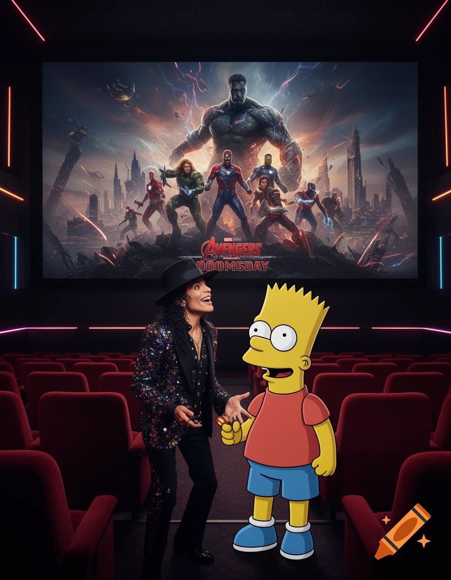 Michael Jackson and Bart Simpson in a cinema watching an Avengers Doomsday movie poster on the big screen.
