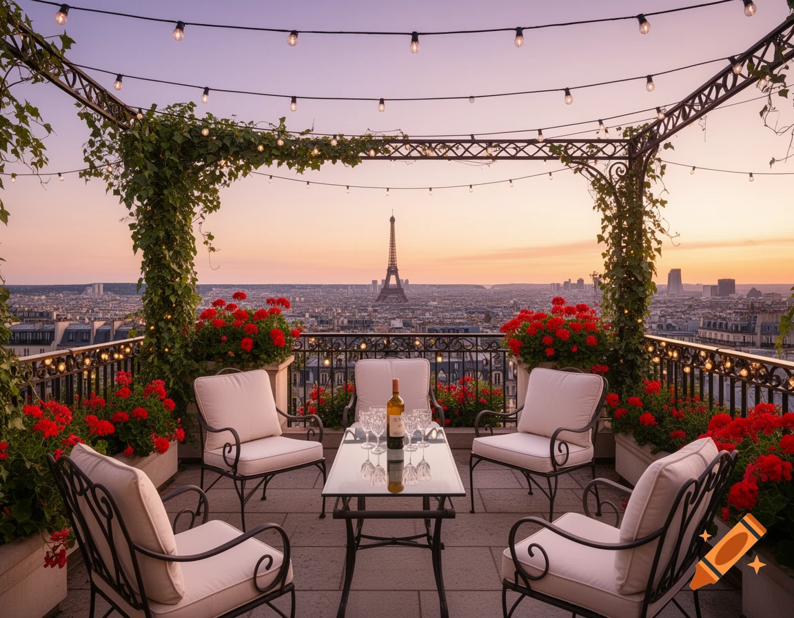 A Parisian rooftop terrace at sunset with the Eiffel Tower in the distance, adorned with string lights and red flowers.