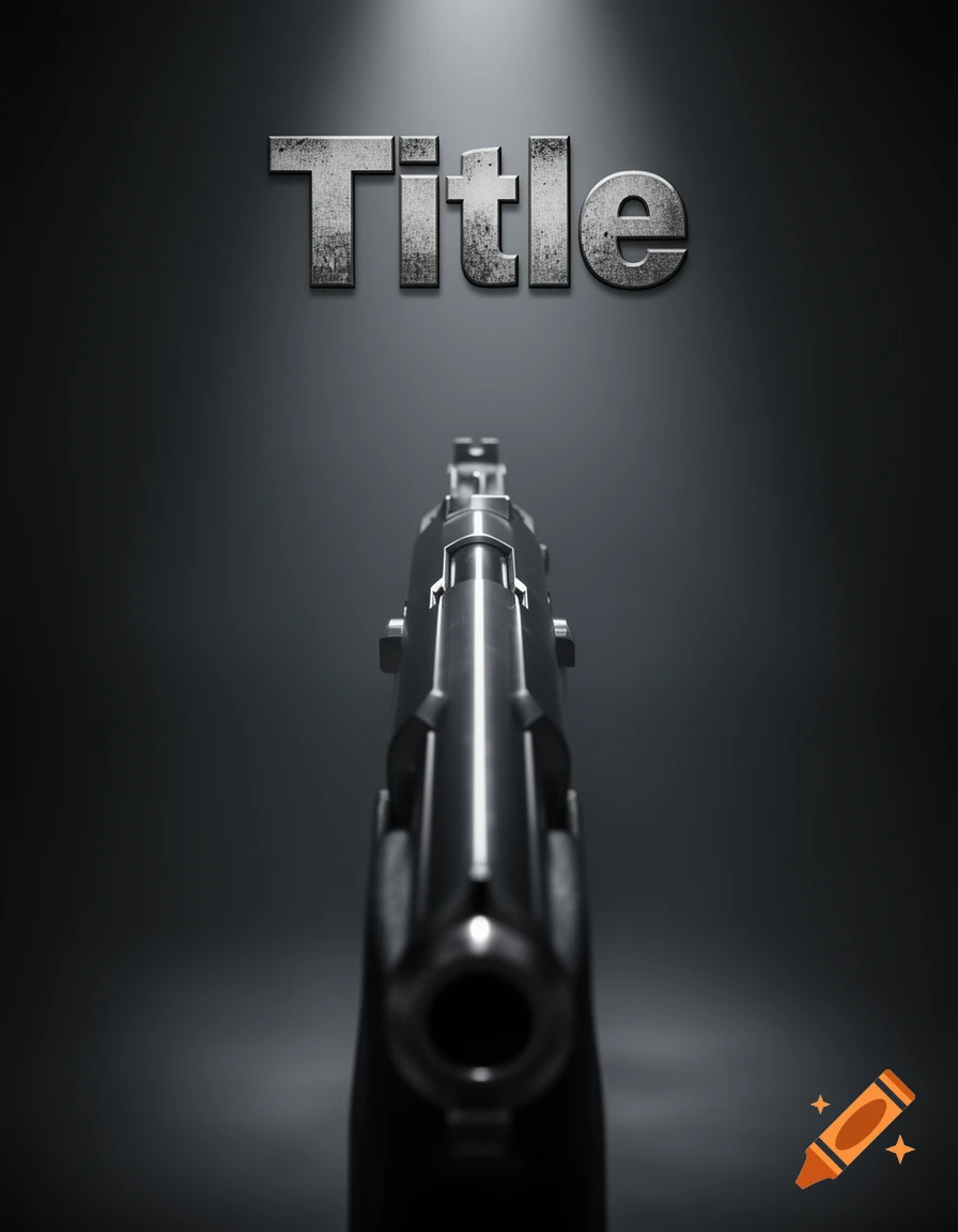 A metallic gun barrel pointed directly at the viewer, with the word 'Title' in distressed metal letters illuminated above on a dark background.