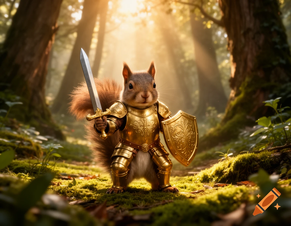 A highly detailed, realistic image of a squirrel in ornate golden knight armor holding a sword and shield in a sunlit forest.