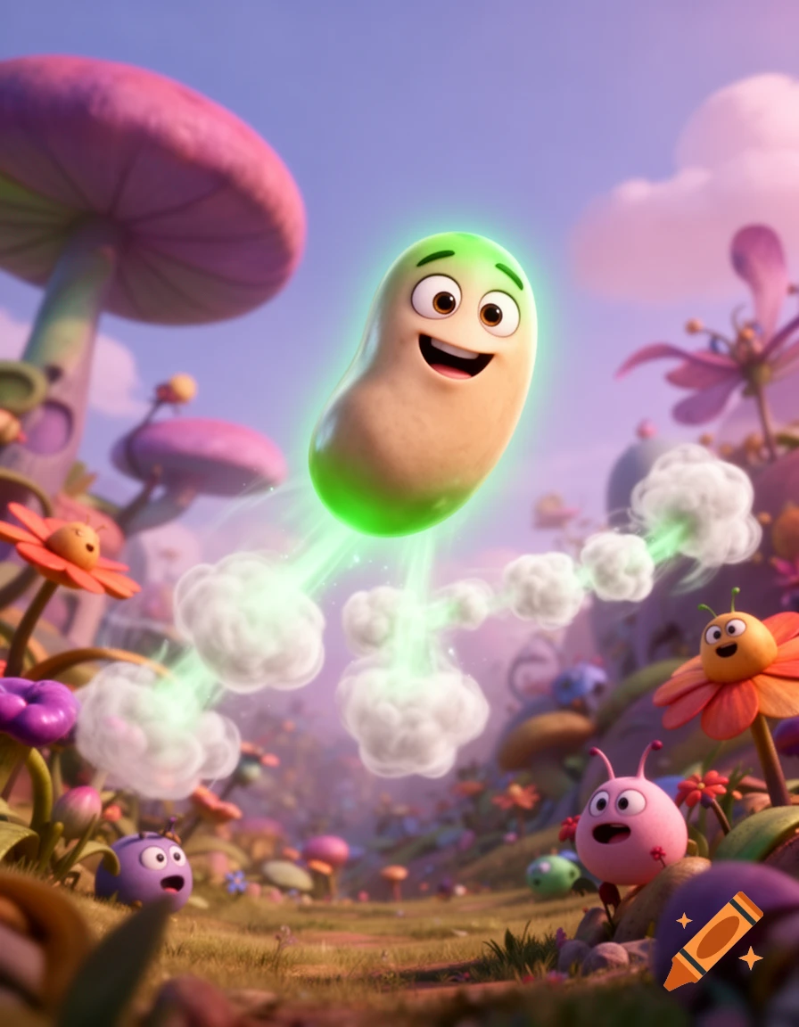 A happy, animated beige bean, propelled by green energy, flies through a colorful fantasy garden with cartoon mushrooms and small creatures.