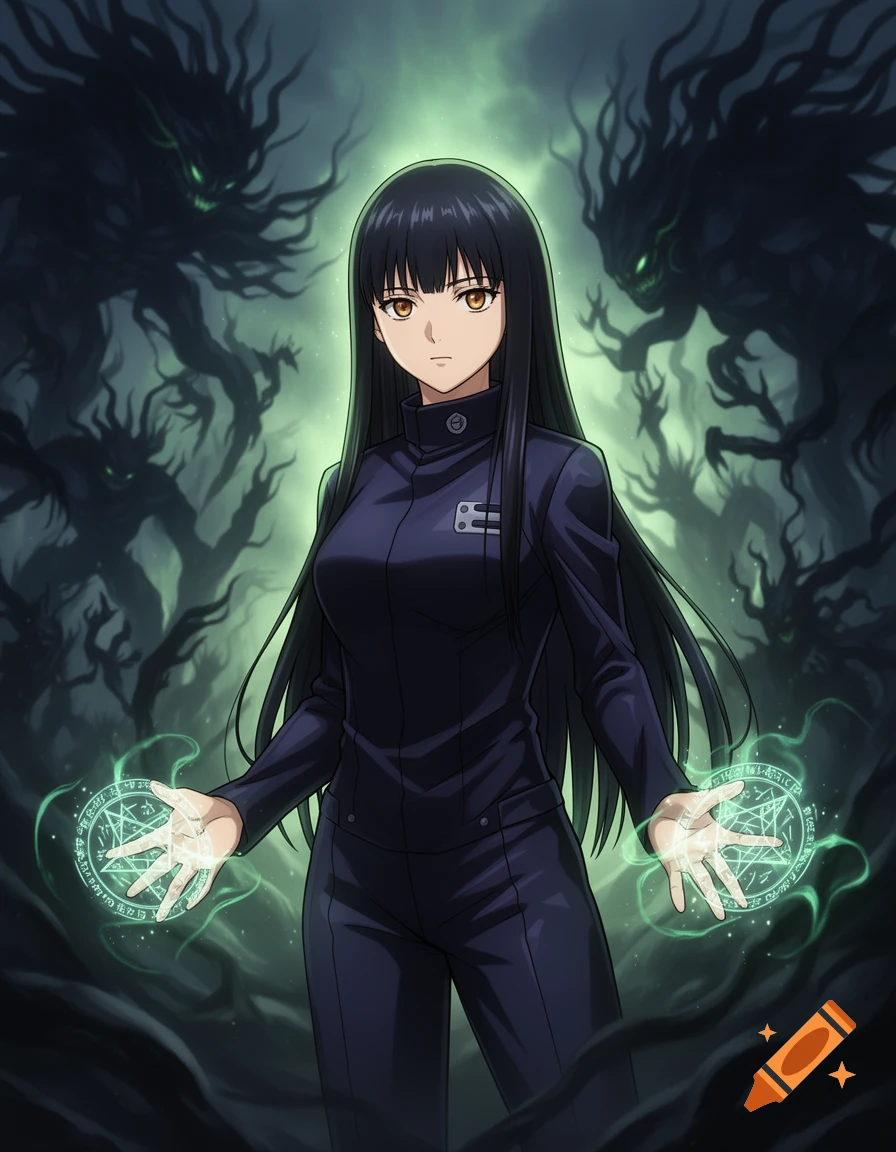 An anime character with long black hair, in a dark uniform, casts a green magic spell with glowing hands amidst shadowy, monstrous figures.