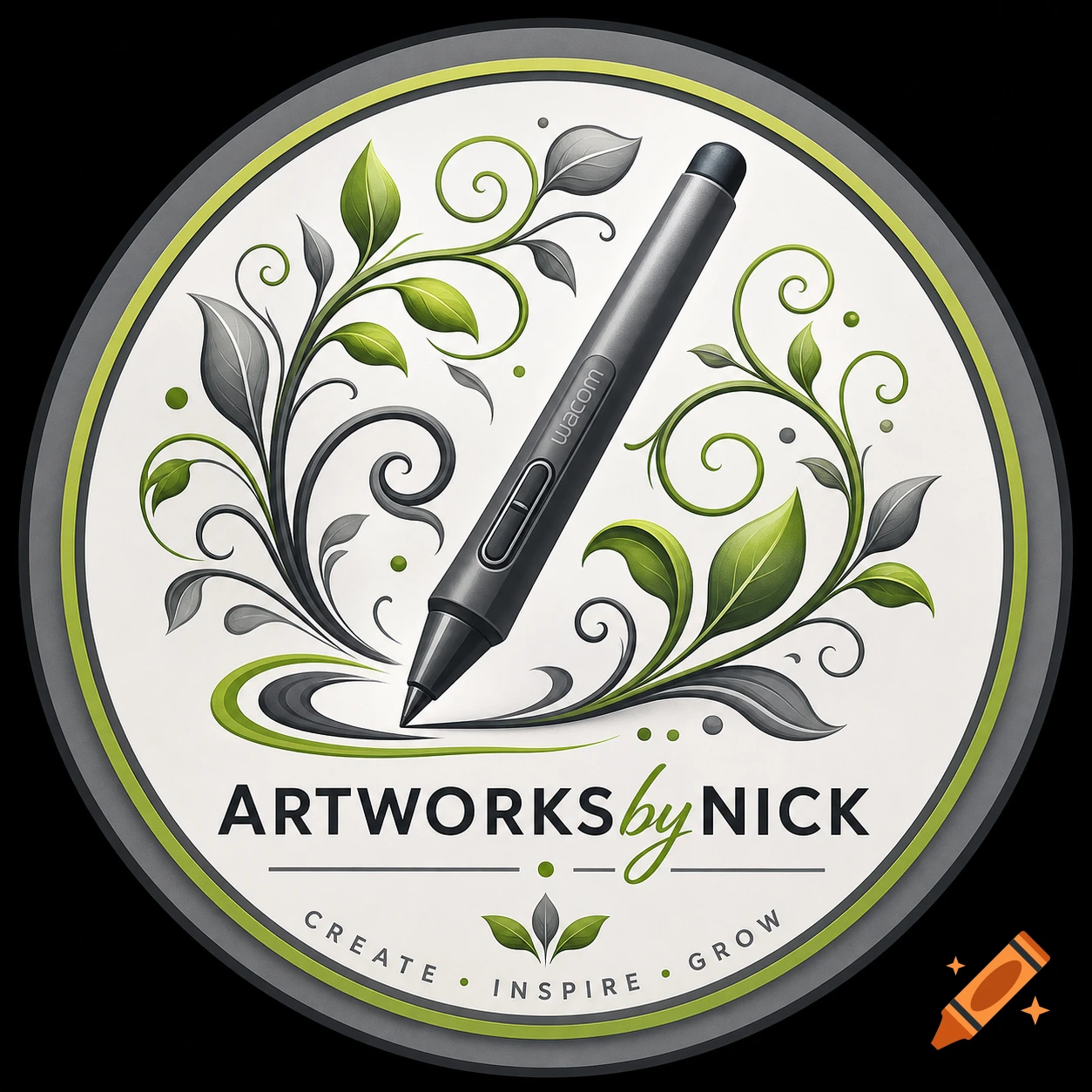 Circular logo with a Wacom pen, green and grey floral vines, and text "ARTWORKS by NICK CREATE INSPIRE GROW".
