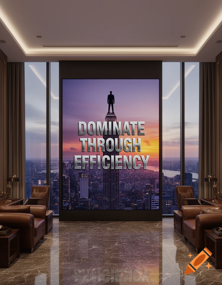 A modern office overlooking a city at sunset, featuring a large screen displaying a silhouette of a man on a skyscraper with text "DOMINATE THROUGH EFFICIENCY".