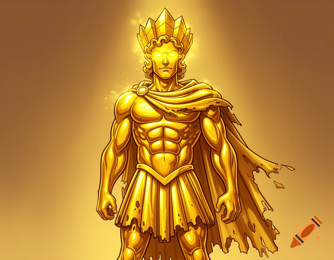 A muscular golden figure with glowing yellow eyes, a jagged crown, and a tattered gold cape in a cartoon style.
