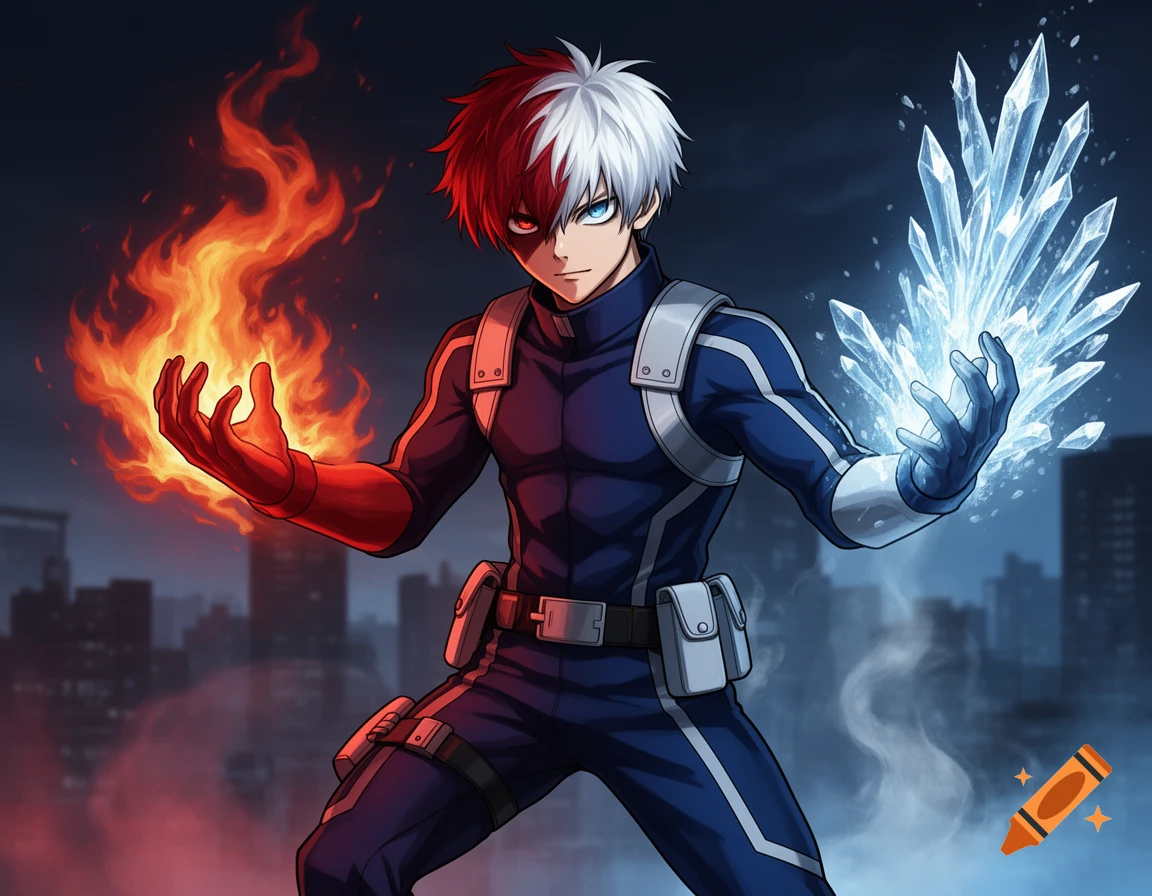 An anime character, Shoto Todoroki, stands with fire erupting from his left hand and ice crystals forming on his right, against a dark city backdrop.