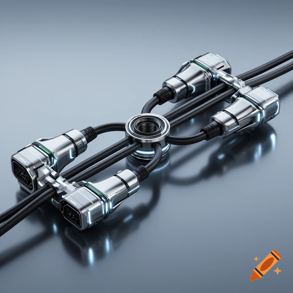Close-up of a futuristic silver and black multi-connector adapter with thick cables on a reflective surface.